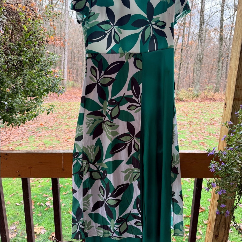 SHEIN Green  and White Leaf Print Wide Leg Jumpsuit